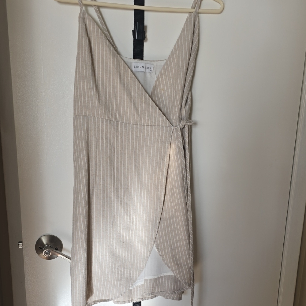 Linenfox Striped Mini Dress in Beige